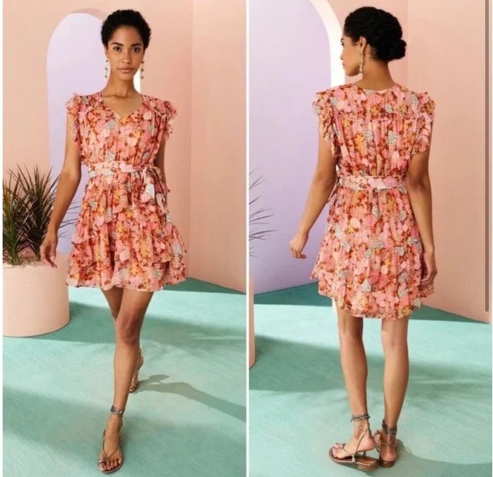 Marie Oliver Thea Silk Floral Mini Dress M Peachy Peonies Belted Ruffle Boho
